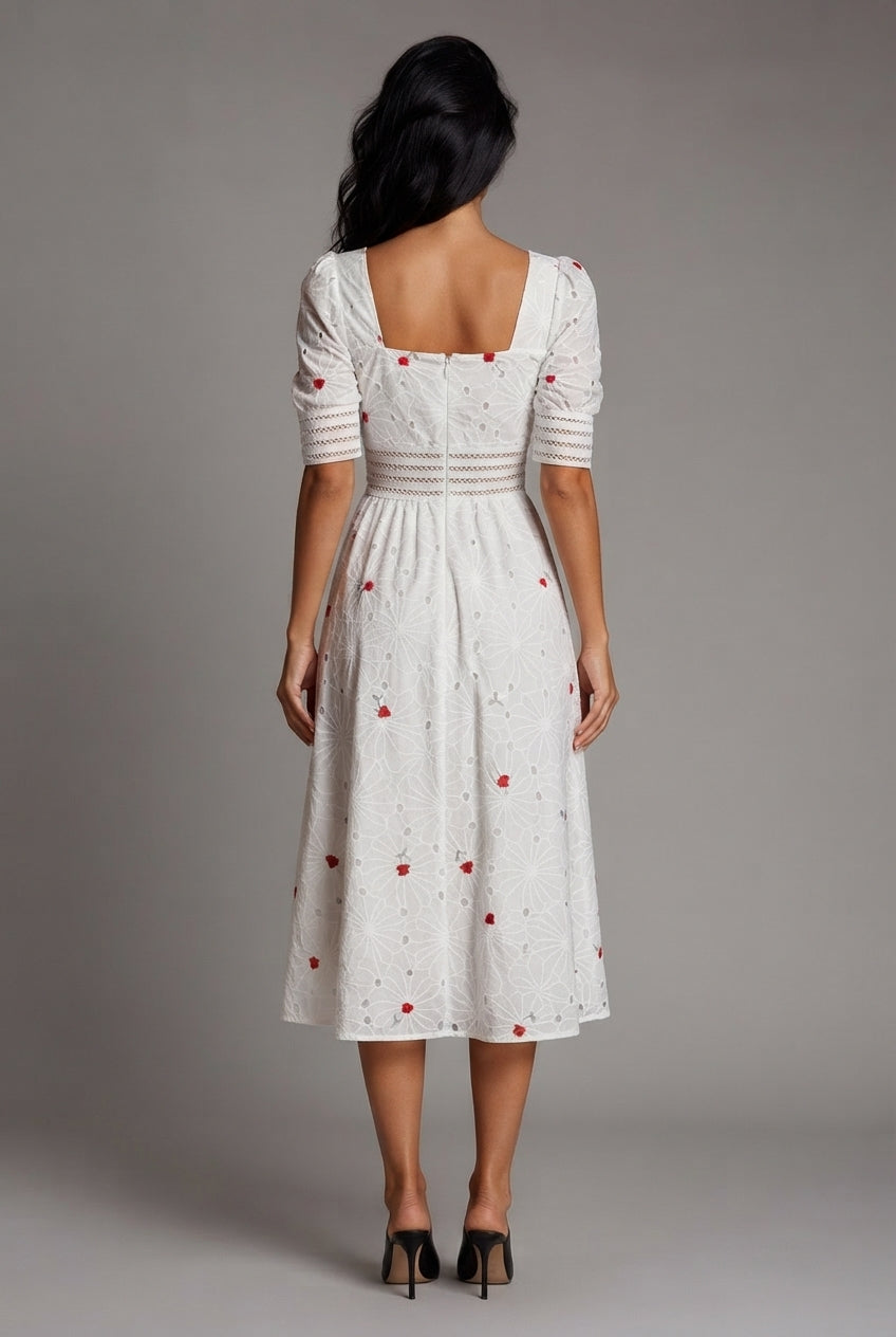 French First Love Sweet Salt Square Collar Embroidery Floral Mid-length Dress — White — AI-generated studio back view