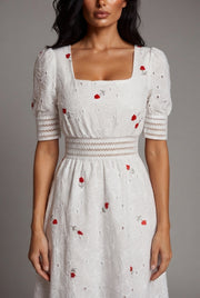French First Love Sweet Salt Square Collar Embroidery Floral Mid-length Dress — White — AI-generated studio bodice detail