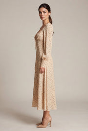 French Floral Dress For Women — Apricot — AI-generated studio right-side profile