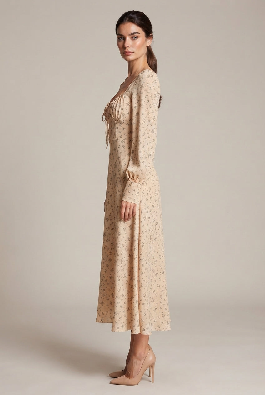French Floral Dress For Women — Apricot — AI-generated studio right-side profile