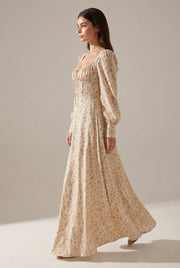 French Floral Dress For Women — Apricot — AI-generated studio left-side walking view
