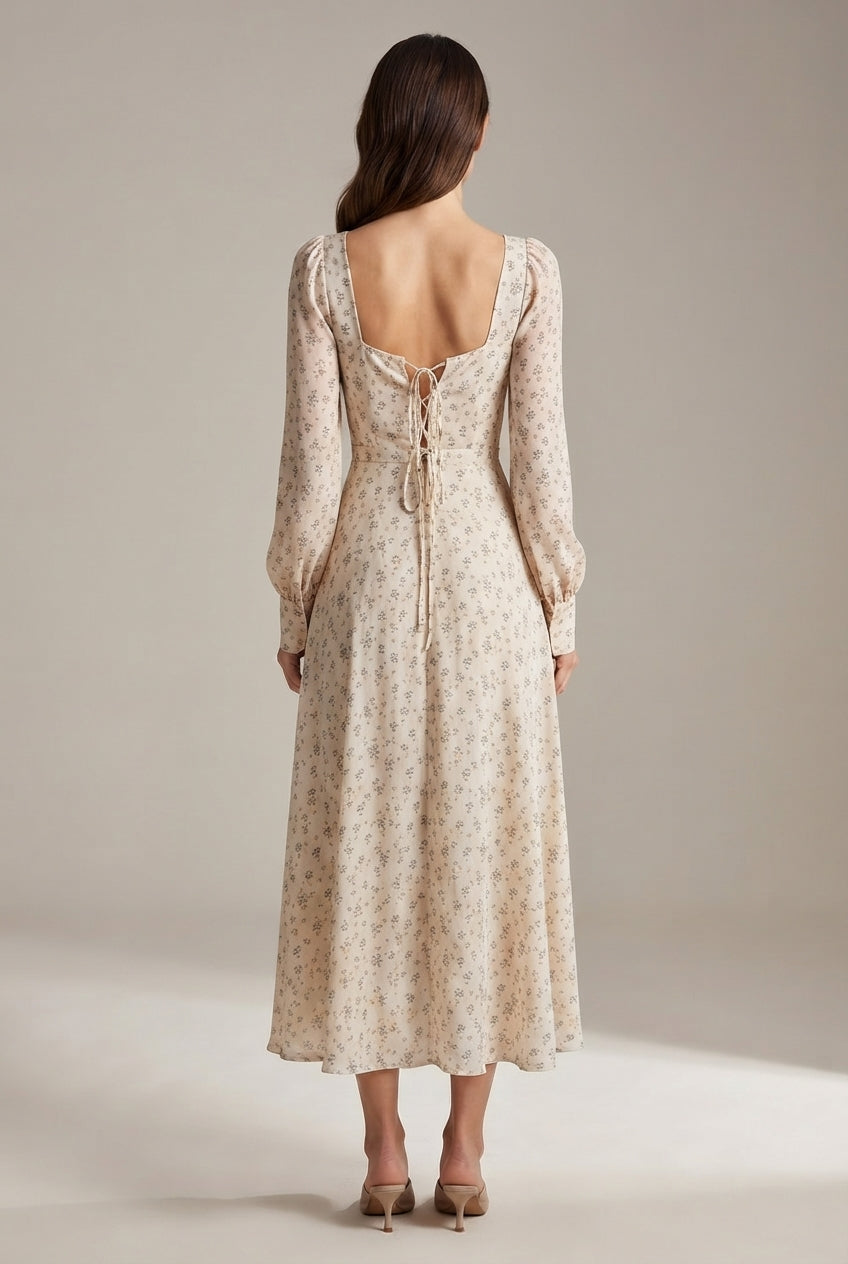 French Floral Dress For Women — Apricot — AI-generated studio back view