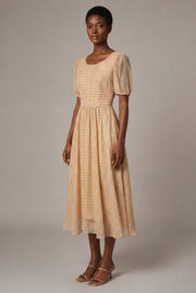 French Retro Plaid Skirt New Women's Western Style Chiffon Dress — Yellow — AI-generated studio three-quarter view