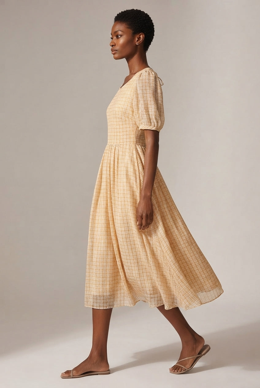 French Retro Plaid Skirt New Women's Western Style Chiffon Dress — Yellow — AI-generated studio left-side walking view