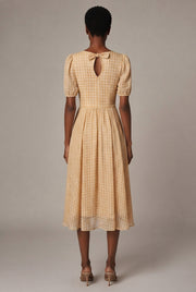 French Retro Plaid Skirt New Women's Western Style Chiffon Dress — Yellow — AI-generated studio back view