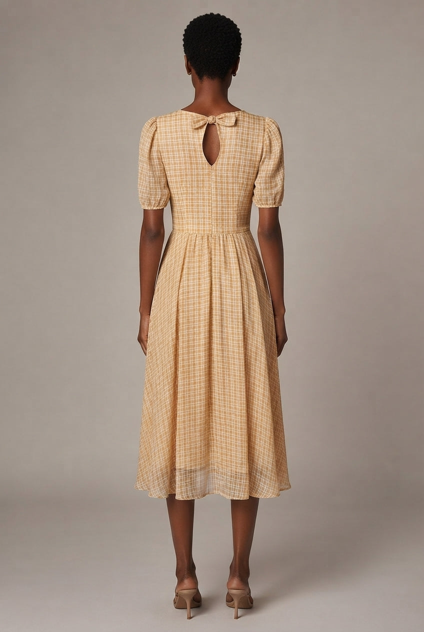 French Retro Plaid Skirt New Women's Western Style Chiffon Dress — Yellow — AI-generated studio back view