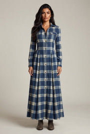 French Vintage Plaid Women Dress — Blue Plaid — AI-generated studio front view