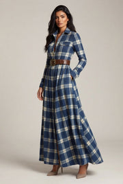 French Vintage Plaid Women Dress — Blue Plaid — AI-generated studio three-quarter view