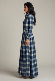 French Vintage Plaid Women Dress — Blue Plaid — AI-generated studio right-side profile