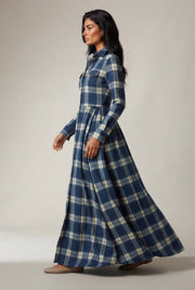 French Vintage Plaid Women Dress — Blue Plaid — AI-generated studio left-side walking view