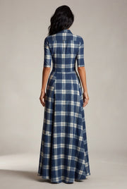 French Vintage Plaid Women Dress — Blue Plaid — AI-generated studio back view