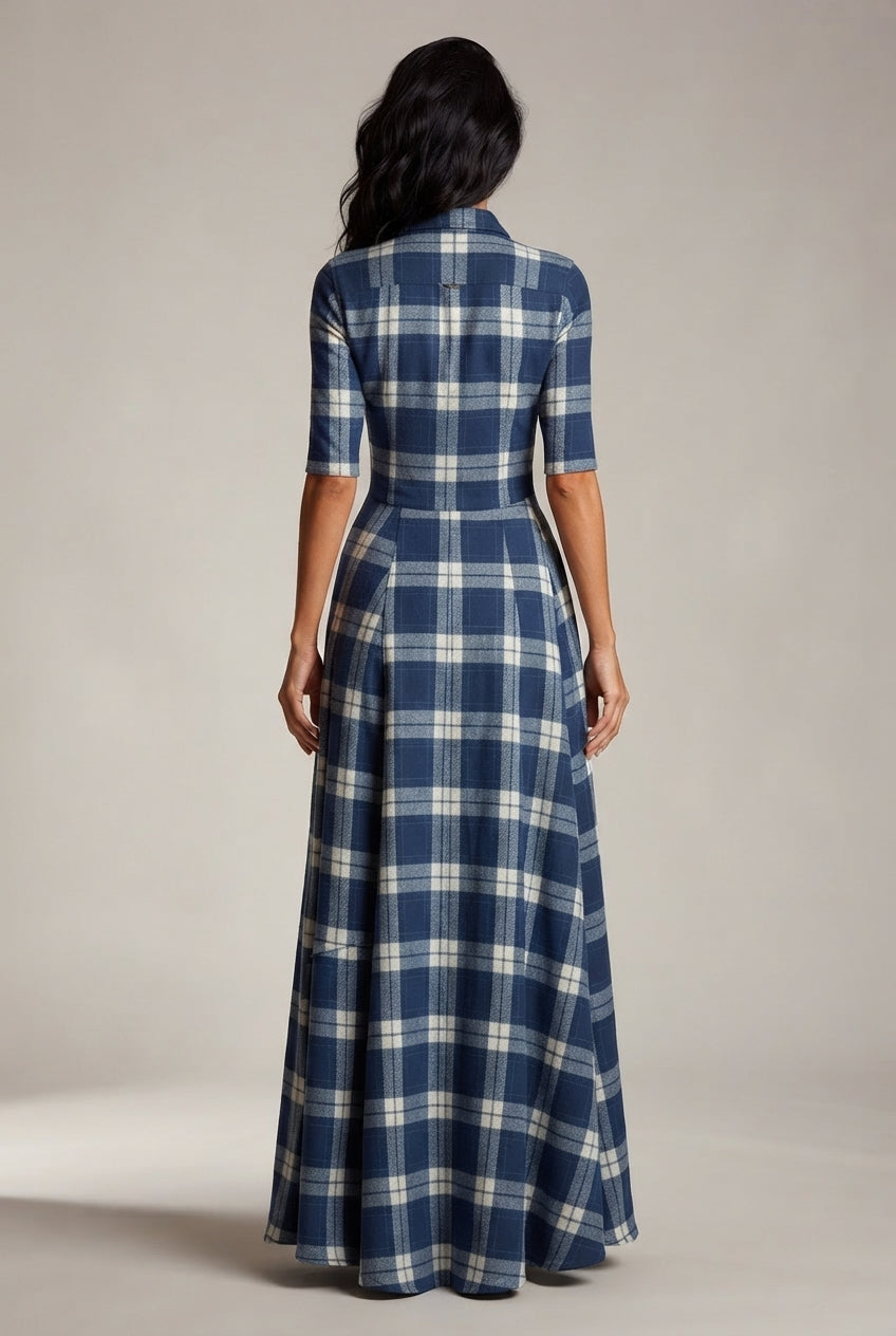 French Vintage Plaid Women Dress — Blue Plaid — AI-generated studio back view
