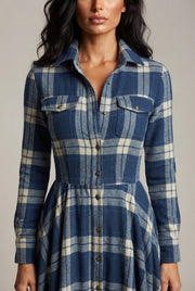 French Vintage Plaid Women Dress — Blue Plaid — AI-generated studio bodice detail