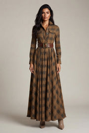 French Vintage Plaid Women Dress — Khaki — AI-generated studio front view