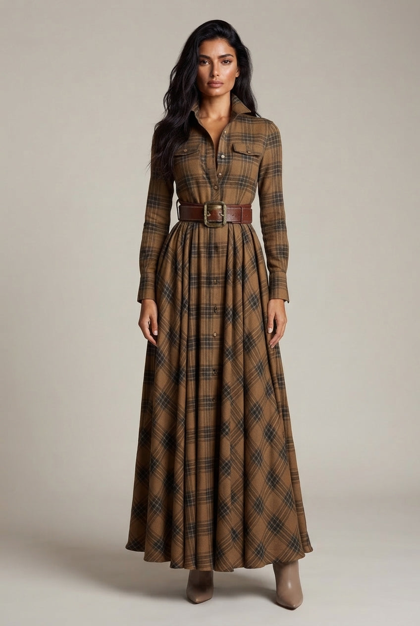 French Vintage Plaid Women Dress — Khaki — AI-generated studio front view