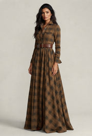 French Vintage Plaid Women Dress — Khaki — AI-generated studio three-quarter view