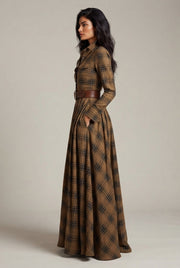 French Vintage Plaid Women Dress — Khaki — AI-generated studio right-side profile