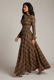French Vintage Plaid Women Dress — Khaki — AI-generated studio left-side walking view