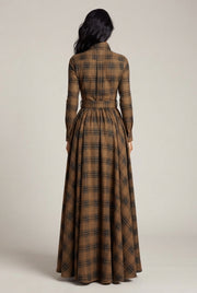 French Vintage Plaid Women Dress — Khaki — AI-generated studio back view