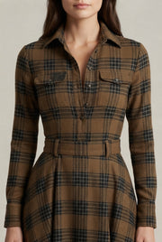 French Vintage Plaid Women Dress — Khaki — AI-generated studio bodice detail