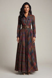French Vintage Plaid Women Dress — Multicolor — AI-generated studio front view