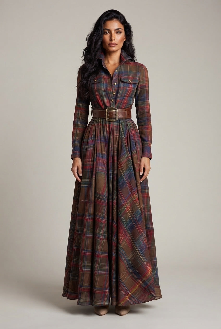 French Vintage Plaid Women Dress — Multicolor — AI-generated studio front view