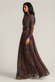 French Vintage Plaid Women Dress — Multicolor — AI-generated studio left-side walking view