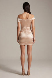 High-End Sexy Asymmetrical Neckline Satin Dress — Apricot — AI-generated studio back view