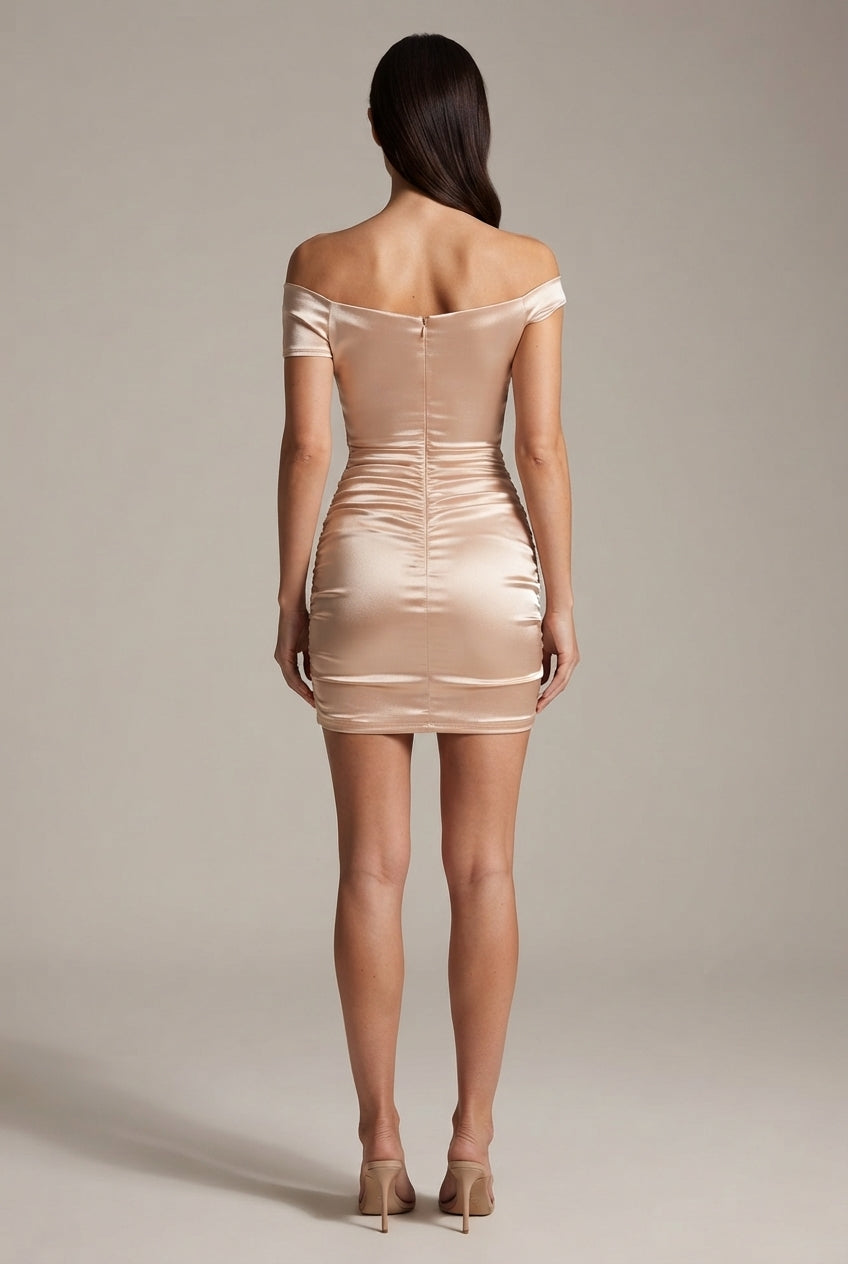 High-End Sexy Asymmetrical Neckline Satin Dress — Apricot — AI-generated studio back view