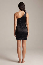 High-End Sexy Asymmetrical Neckline Satin Dress — Black — AI-generated studio back view