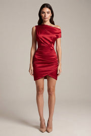 High-End Sexy Asymmetrical Neckline Satin Dress — Red — AI-generated studio front view