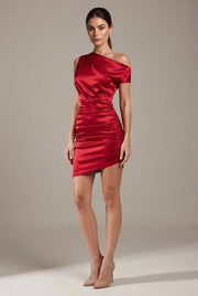 High-End Sexy Asymmetrical Neckline Satin Dress — Red — AI-generated studio three-quarter view