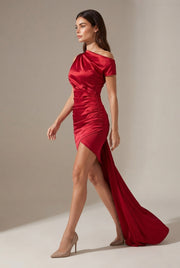 High-End Sexy Asymmetrical Neckline Satin Dress — Red — AI-generated studio left-side walking view
