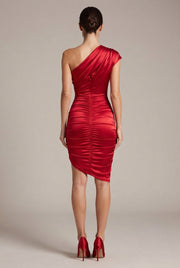 High-End Sexy Asymmetrical Neckline Satin Dress — Red — AI-generated studio back view