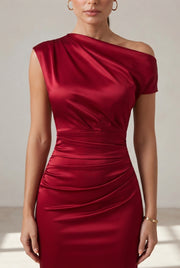 High-End Sexy Asymmetrical Neckline Satin Dress — Red — AI-generated studio bodice detail