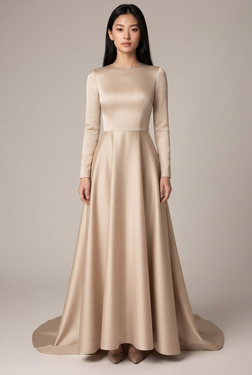 Ladies Style White Dress Satin Surface Was Thin And High French Temperament Dress Long Skirt — Beige — AI-generated studio front view