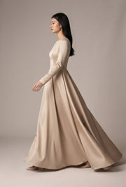 Ladies Style White Dress Satin Surface Was Thin And High French Temperament Dress Long Skirt — Beige — AI-generated studio left-side walking view