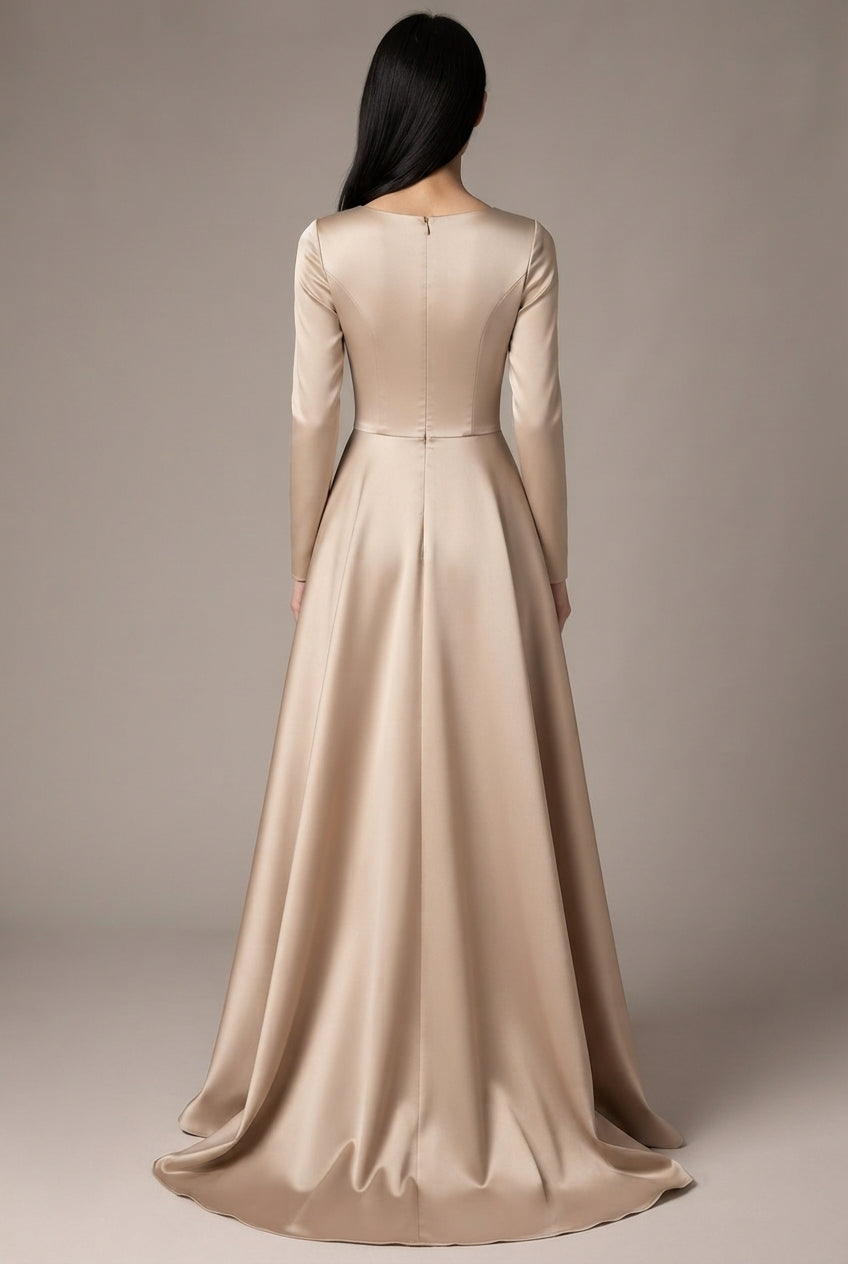 Ladies Style White Dress Satin Surface Was Thin And High French Temperament Dress Long Skirt — Beige — AI-generated studio back view