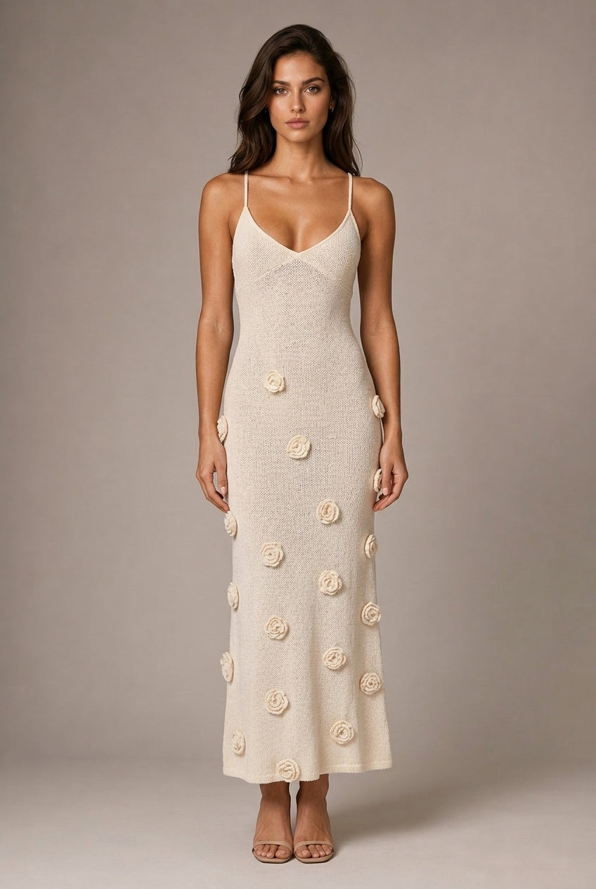 New Suspender Sleeveless Dress Three-dimensional Flower Heavy Industry Knitted Backless Tie — AI-generated studio front view