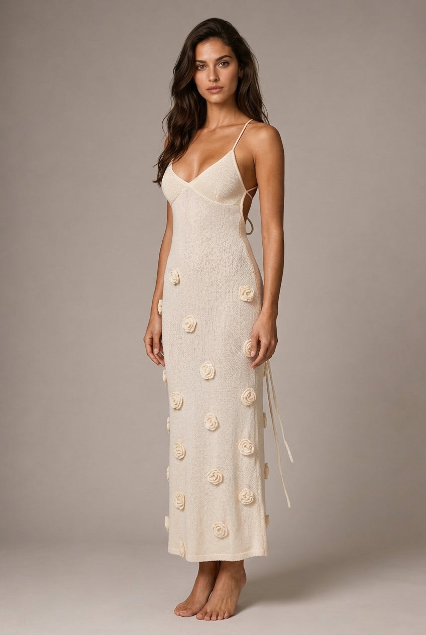 New Suspender Sleeveless Dress Three-dimensional Flower Heavy Industry Knitted Backless Tie — AI-generated studio three-quarter view