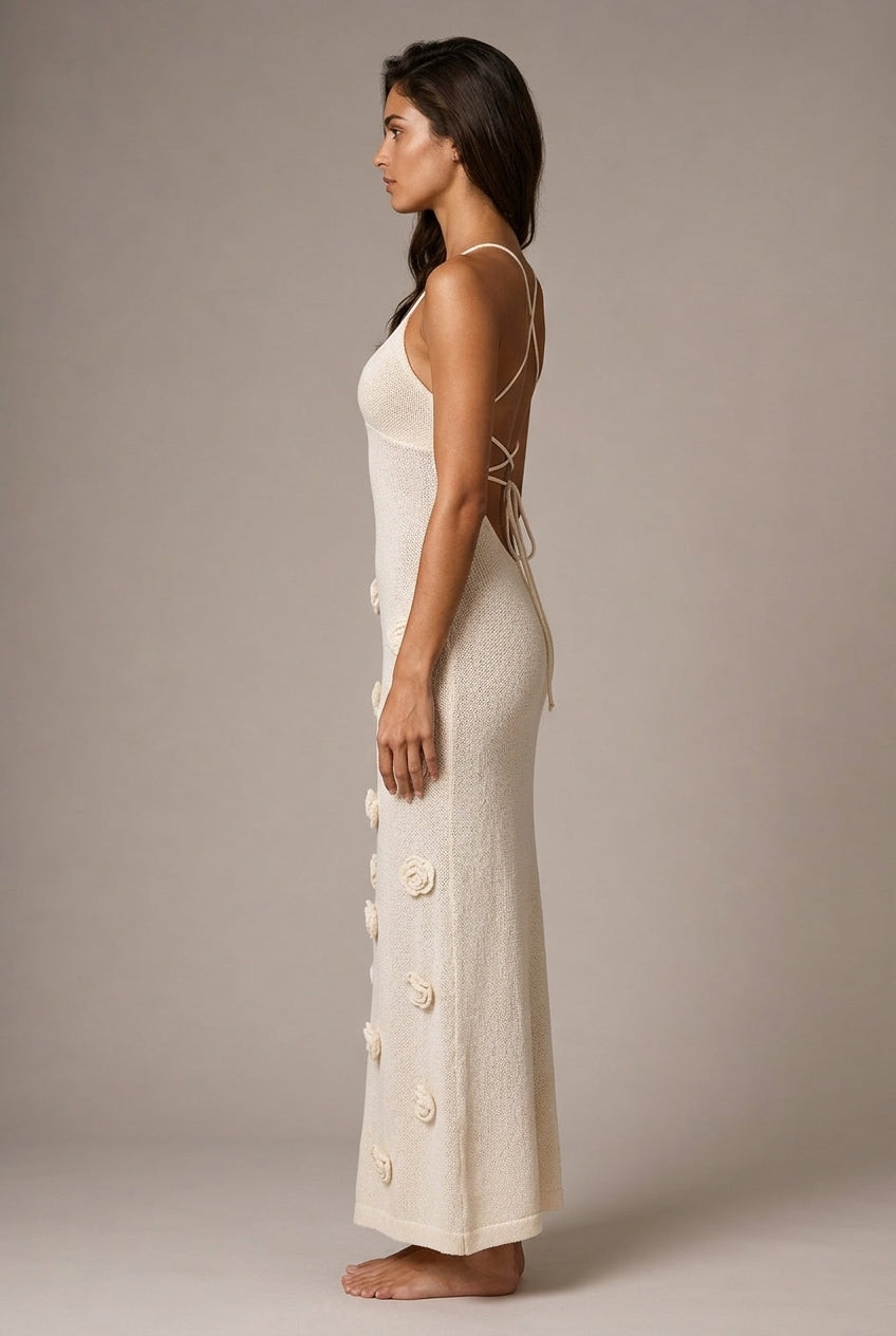New Suspender Sleeveless Dress Three-dimensional Flower Heavy Industry Knitted Backless Tie — AI-generated studio right-side profile