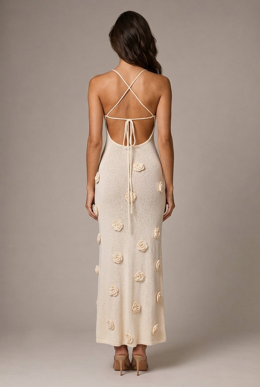 New Suspender Sleeveless Dress Three-dimensional Flower Heavy Industry Knitted Backless Tie — AI-generated studio back view