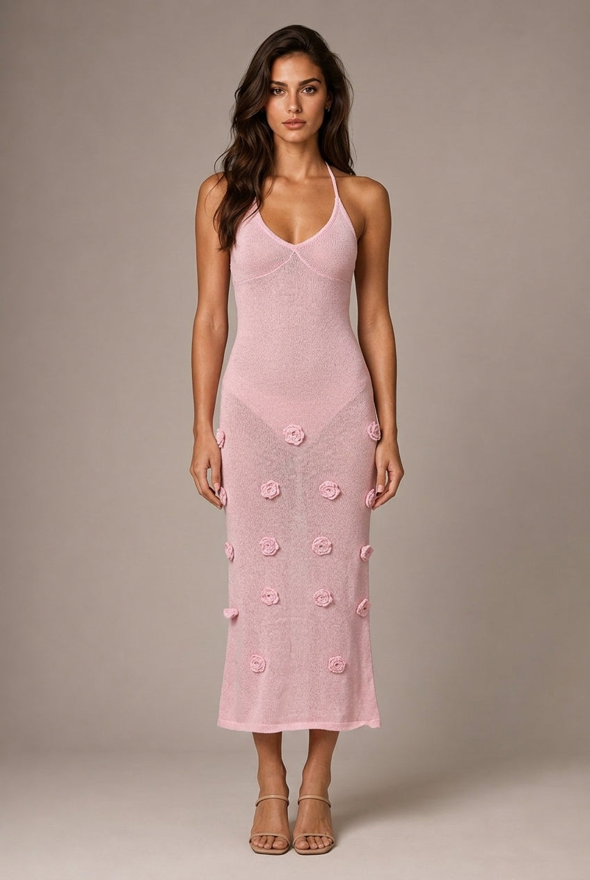 Fleur Appliqué Midi Dress — Pink — AI-generated studio front view