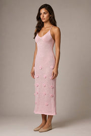 Fleur Appliqué Midi Dress — Pink — AI-generated studio three-quarter view