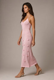 Fleur Appliqué Midi Dress — Pink — AI-generated studio left-side walking view