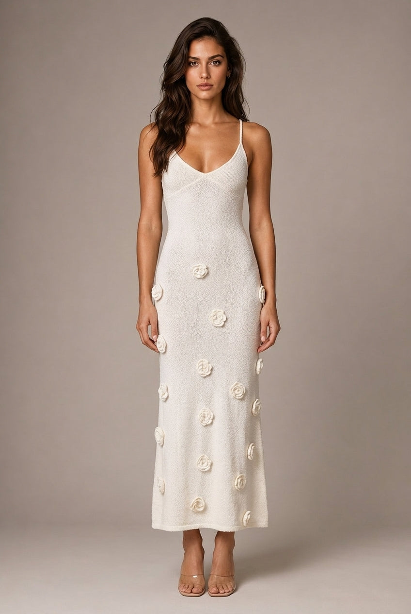 Fleur Appliqué Midi Dress — White — AI-generated studio front view