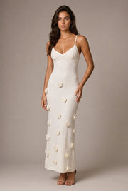 Fleur Appliqué Midi Dress — White — AI-generated studio three-quarter view