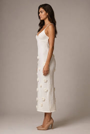 Fleur Appliqué Midi Dress — White — AI-generated studio right-side profile