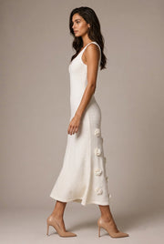 Fleur Appliqué Midi Dress — White — AI-generated studio left-side walking view