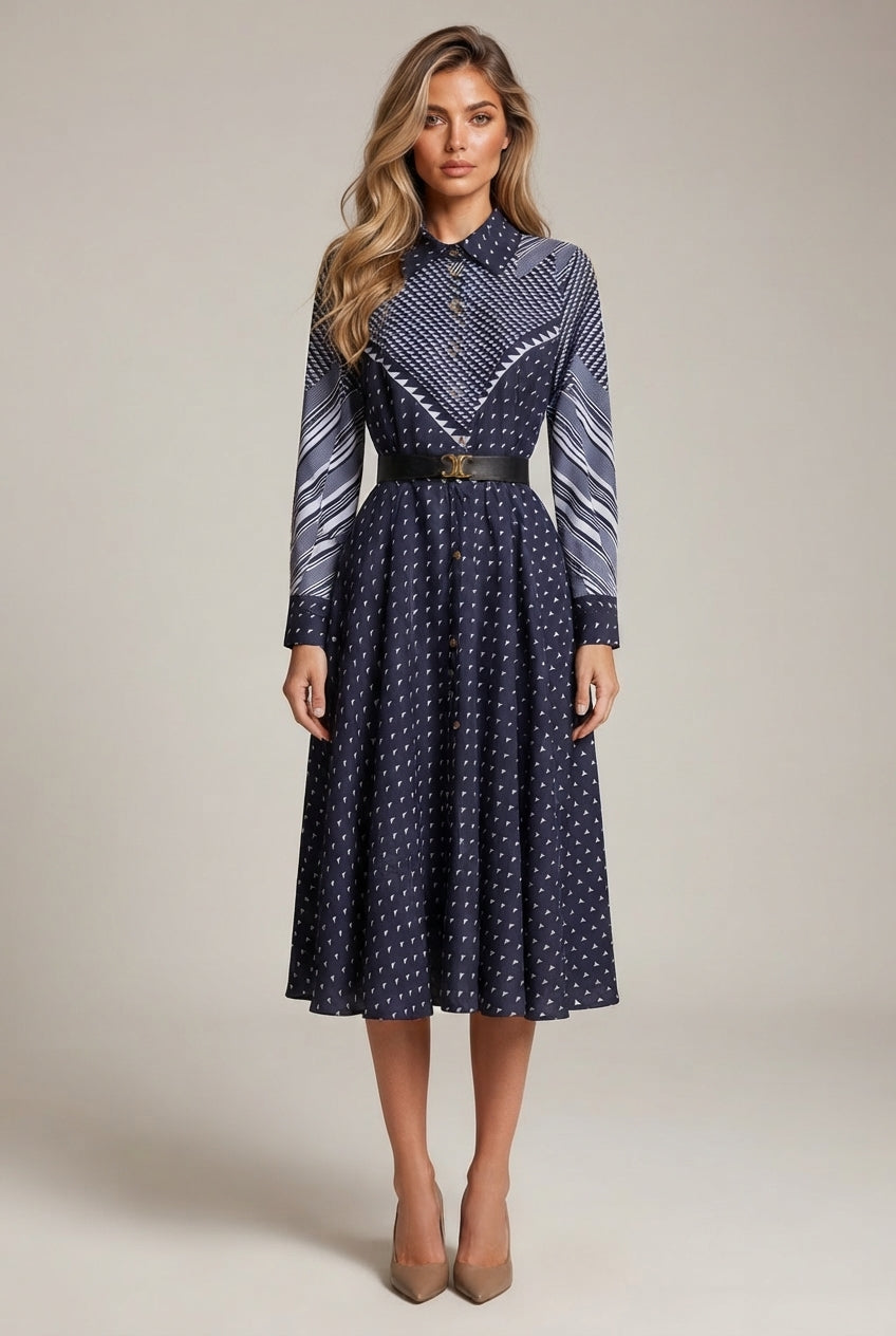 Niche Color-Blocking Striped Print Slim Mid-Length Retro Dress — Navy Blue — AI-generated studio front view